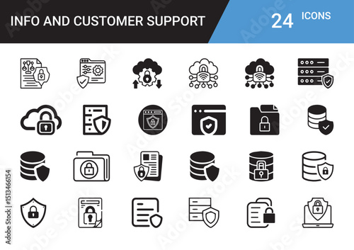 Info and Customer Support Icons: A comprehensive set of informational and customer support icons, elegantly designed to represent data protection, secure transactions.
