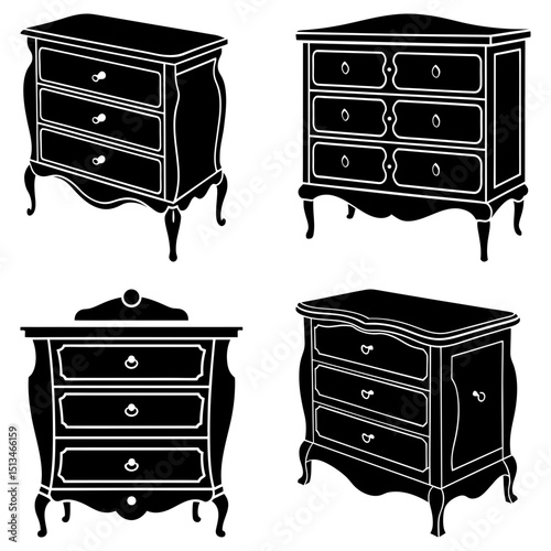 Four black and white chest of drawers with different designs and decorative legs are displayed here