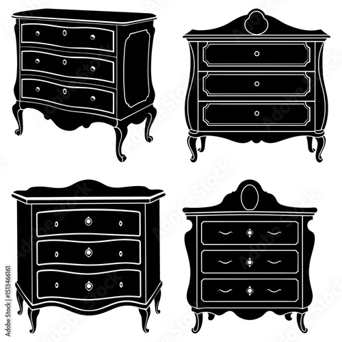 Four antique chest of drawers with ornate details in black and white silhouette illustration style image