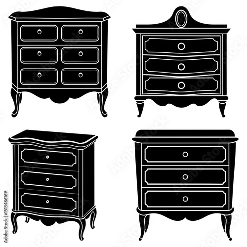 Four antique dressers in black silhouette with varying drawer configurations and decorative leg designs