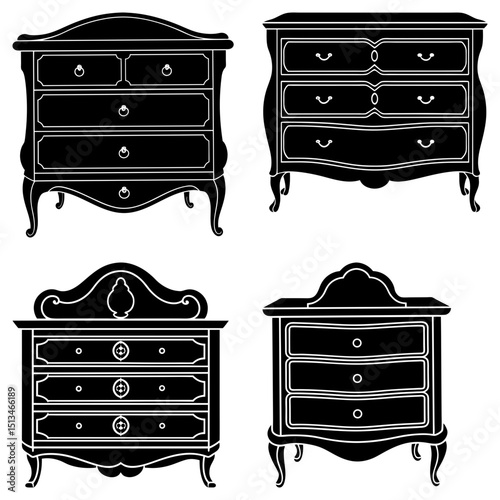 Collection of four decorative chest of drawers in black and white silhouette illustration style image