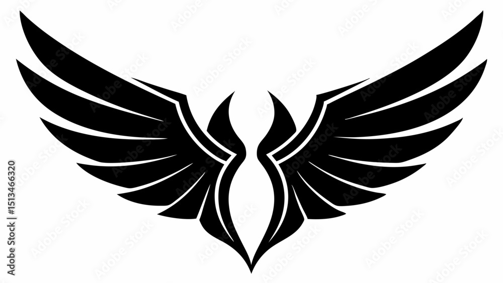 Obraz premium Stylized black wings symmetrical design graphic vector, silhouette, illustration, horizontal, isolated assets, on transparent background