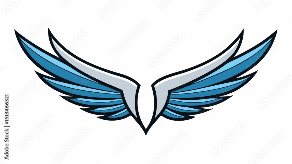Obraz premium Stylized blue and white wings symmetrical design vector, silhouette, illustration, horizontal, isolated assets, on transparent background