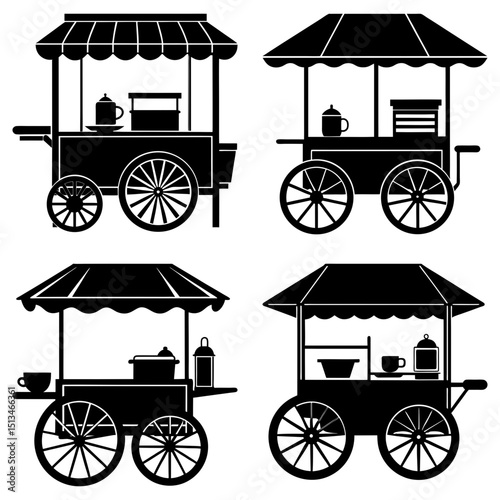 Four black and white silhouette illustrations of vintage style vendor carts with wheels and canopies