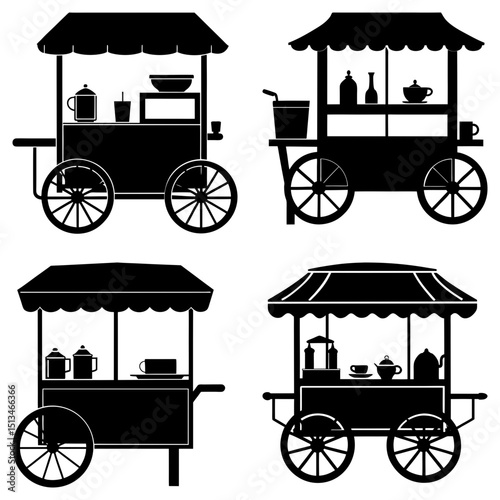 Four different black silhouette food carts with various items on display and wheels underneath them all