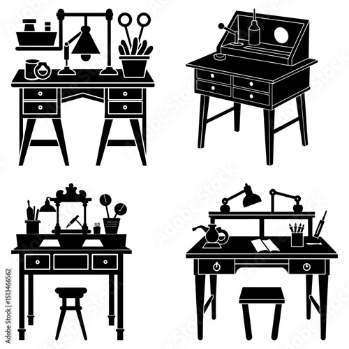 Four different crafting tables with various tools and equipment in a black and white silhouette design
