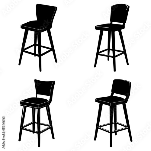 Four black bar stools with square seats and backs arranged in a grid on a white background scene