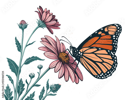 Create a bold, vector illustration of a butterfly with thick strokes, landing on a flower.  Focus on a striking, graphic style.