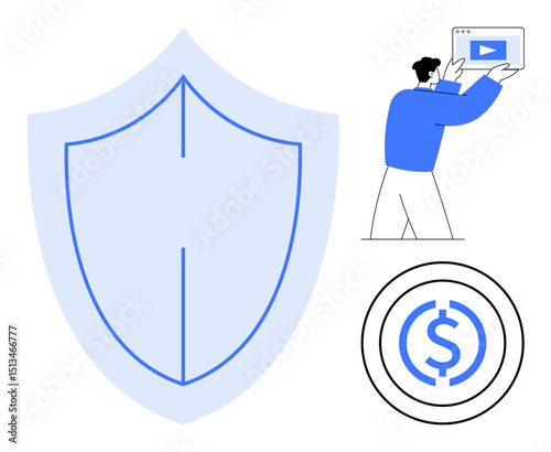 Large shield symbolizing security, person holding video tutorial, and dollar symbol within a circle. Ideal for cybersecurity, e-learning, financial service, online safety, digital protection, web