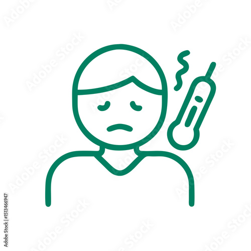 Sick person icon with thermomete, representing health monitoring and illness, minimalist design
