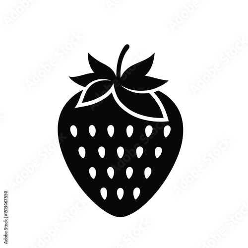 Simple Black and White Strawberry Icon with Seeds and Leaves for Design Projects