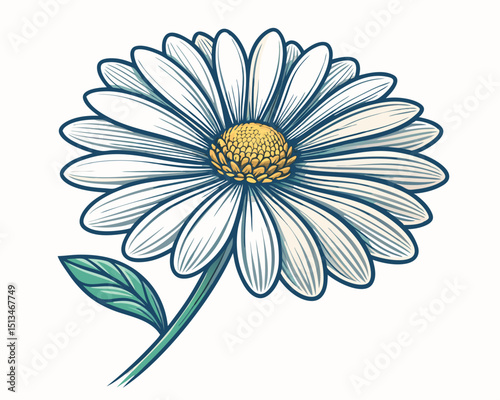 Create a bold, symmetrical vector illustration of a daisy with thick black strokes.  High detail, clean lines.