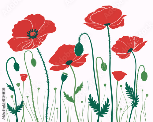 Create a bold vector illustration of a vibrant poppy field, emphasizing strong outlines and saturated colors.  Focus on detailed flower shapes.