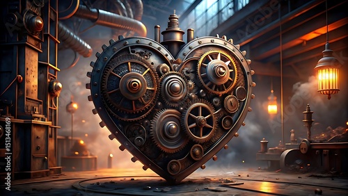 A steampunk heart intricate gears and cogs in a factory setting