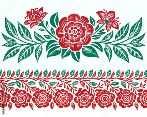 Create a vector illustration of a bold, floral border suitable for a webpage header.  Include vibrant, stylized blooms and leaves.