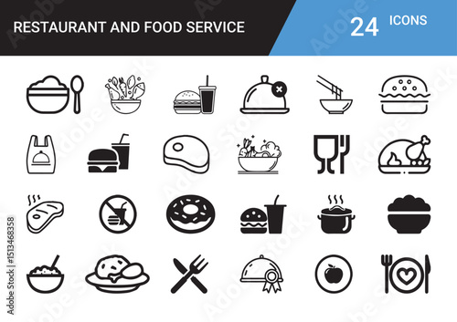 Restaurant and Food Service Icons: A comprehensive set of meticulously crafted line icons, perfect for conveying the essence of restaurant and food service operations.
