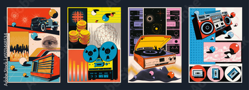 Abstract Poster Set. 1920s, 1950s, 1980s Style. Retro Car, Retro Radio, Vinyl and Cassette Recorders, Bobbins, Coins, Cityscape, Abstract Objects and Vintage Colors