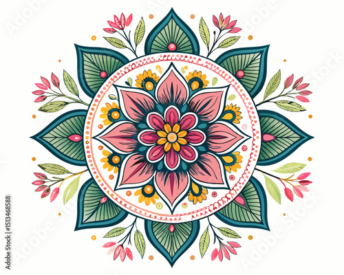 Create a bold, vector illustration of a Desi floral mandala with thick, strong strokes.  High detail, intricate design.