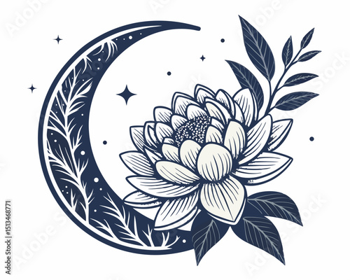 Create a bold vector illustration of a stylized flower and crescent moon, emphasizing thick outlines and strong contrast.  High resolution, vibrant colors.