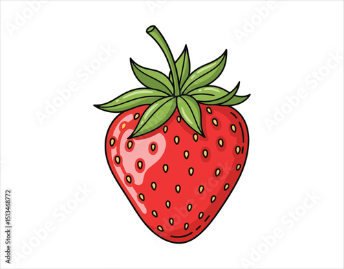 Charming little doodle of a strawberry complete with its stem, seeds, and leaves. A straightforward hand-drawn depiction of a garden and farming summer fruit set against a white background.