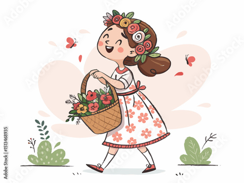 Create a bold, vector illustration of a flower girl, confidently holding a bouquet of vibrant flowers.  The style should be clean and modern.