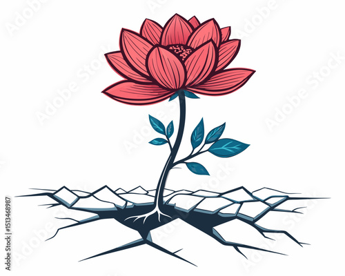 Create a bold, vector illustration of a single flower sprouting from the ground, emphasizing strong, thick outlines.