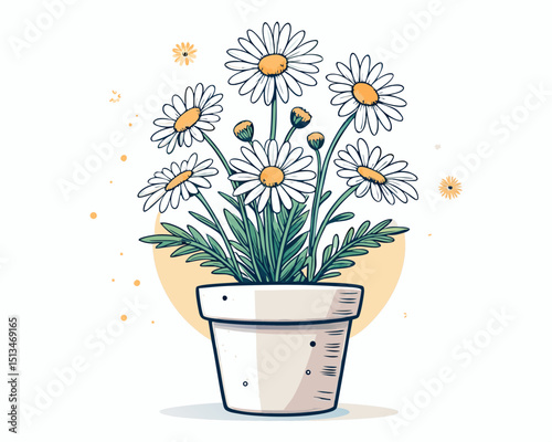 Create a bold vector illustration of a flower pot overflowing with blooming flowers, emphasizing thick, strong outlines.