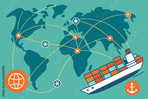 Vector global shipping logistics with cargo ship and world map connection