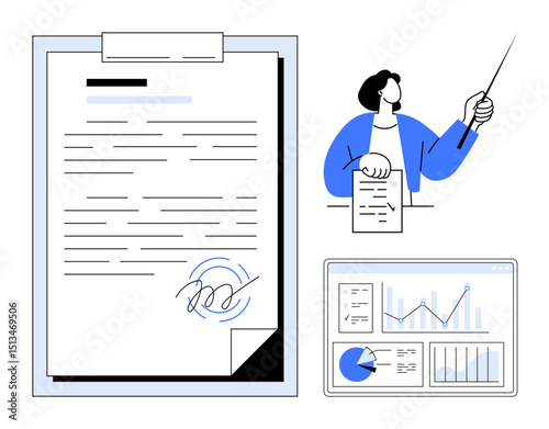 Signed document on clipboard, person presenting with pointer, and analytics on screen. Ideal for business strategy, documentation, analytics, teamwork, decision-making, contracts simple landing page