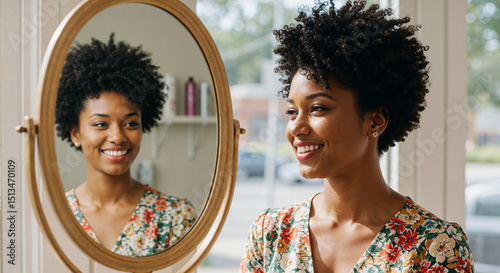 woman sitting on a chair in front of a mirror