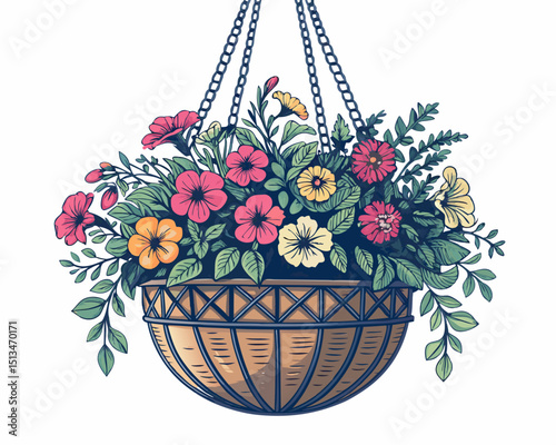 Create a bold, vector illustration of a hanging flower basket overflowing with vibrant blooms.  Focus on thick, impactful outlines.