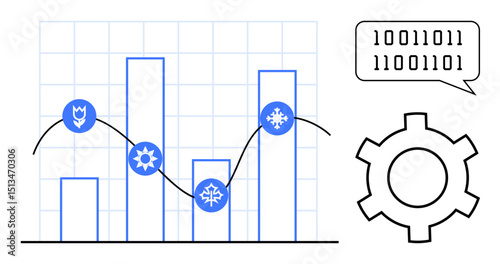 Bar graph and line chart with icons for analysis and symbols in binary code speech bubble, representing data trends and technology. Ideal for analytics, innovation, tech process, machine learning
