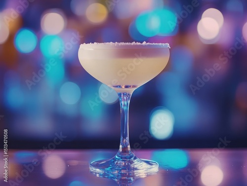 A refreshing cocktail, garnished with a delicate rim of sugar, sits on a bar counter bathed in vibrant, colorful lights. The perfect drink for a night out.