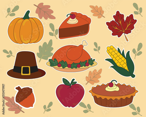 Flat style Thanksgiving illustration with holiday food and seasonal elements such as turkey, pie, corn, apple, pilgrim hat, and fall leaves in warm autumn tones for festive creative projects