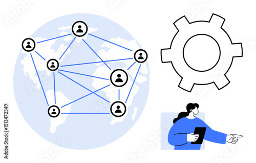 Interconnected profiles forming a world map network, gear for system processes, person with tablet. Ideal for teamwork, collaboration, networking, innovation, management, global projects simple