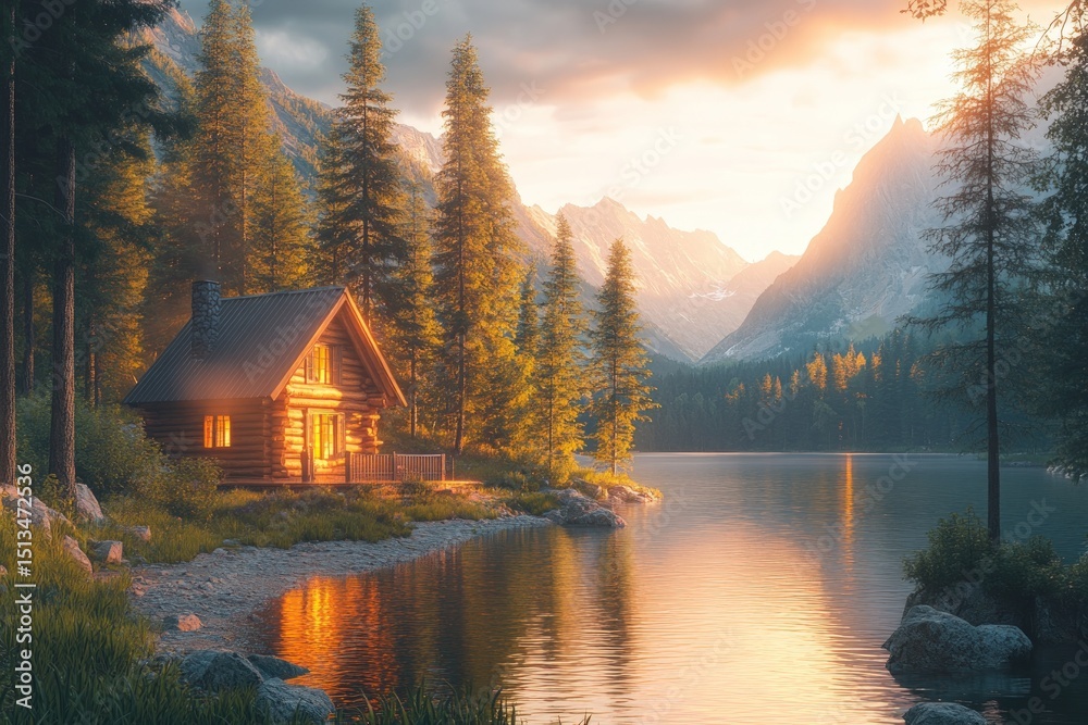 Obraz premium Wooden cabin on a lake shore at sunrise
