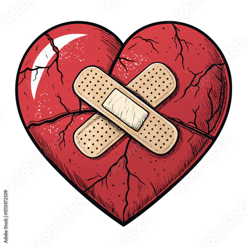 Create a vector illustration of a bold, cracked heart with thick, dark strokes.  The cracks should be realistically detailed.