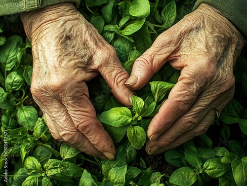 Elderly woman's hands gently cradling vibrant green basil plants. A heartwarming image of nature's nurturing touch.