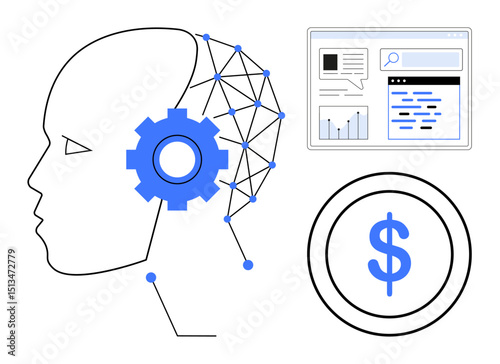 Human head with connected lines and gear, analytics interface, and money symbol. Ideal for AI, data science, finance, innovation, technology, business strategy simple landing page