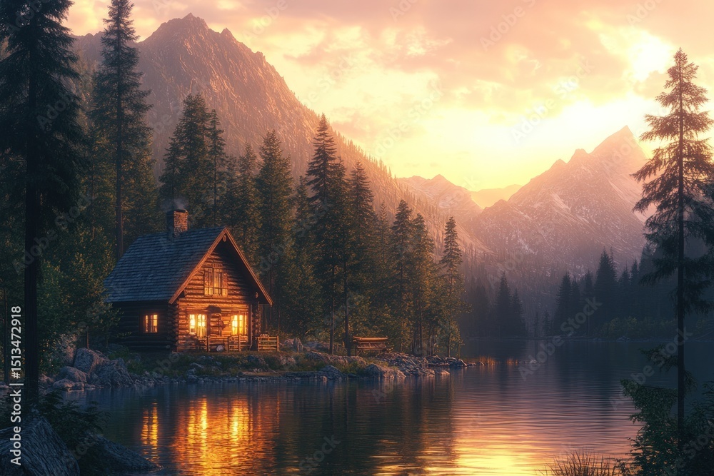 Fototapeta premium Cozy cabin by a lake at golden hour