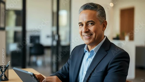 Confident Professional in a Modern Office Setting, Smiling While Using a Digital Tablet for Work