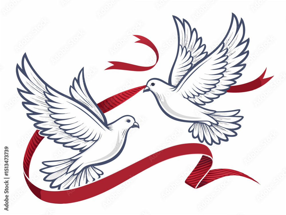 Fototapeta premium Create a vector illustration of two doves in flight, featuring bold, black strokes and a minimalist style. Ensure high resolution for print.