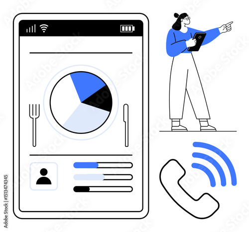 Mobile screen showcasing food tracking data with pie chart, profile details, and call icon. Figure holding tablet, pointing at content. Ideal for wellness, technology, nutrition, communication