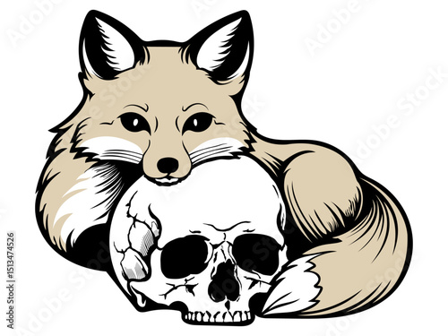 Stylized illustration of a light brown fox lying with its body draped over a human skull, resting its head gently, detailed art with dark brown accents