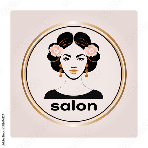Stylized salon logo featuring a woman's face inside a circular frame on a beige background, elegant square-shaped beauty design ideal for hair salons, makeup artists, spa branding, and cosmetics