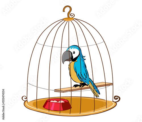Illustration of a colorful blue and yellow parrot perched inside a rounded birdcage with a golden-brown base, red food bowl on the floor, calm exotic bird facing right in a detailed vector style