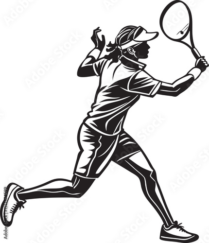 Tennis Player Forehand Swing, Isolated Silhouette	