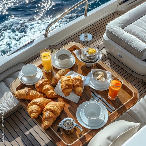 Breakfast served on a luxury yacht with croissants, juices, and coffee against a scenic ocean backdrop