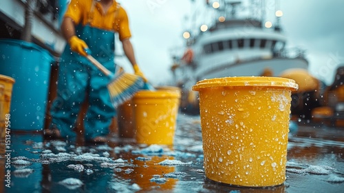 Workers scrub the dock with bright yellow buckets, creating splashes as a fishing boat looms nearby