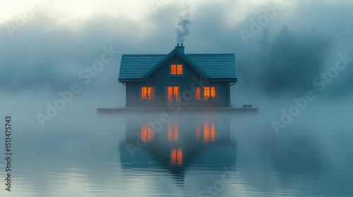 A cozy wooden cottage glows warmly on tranquil waters shrouded in morning fog